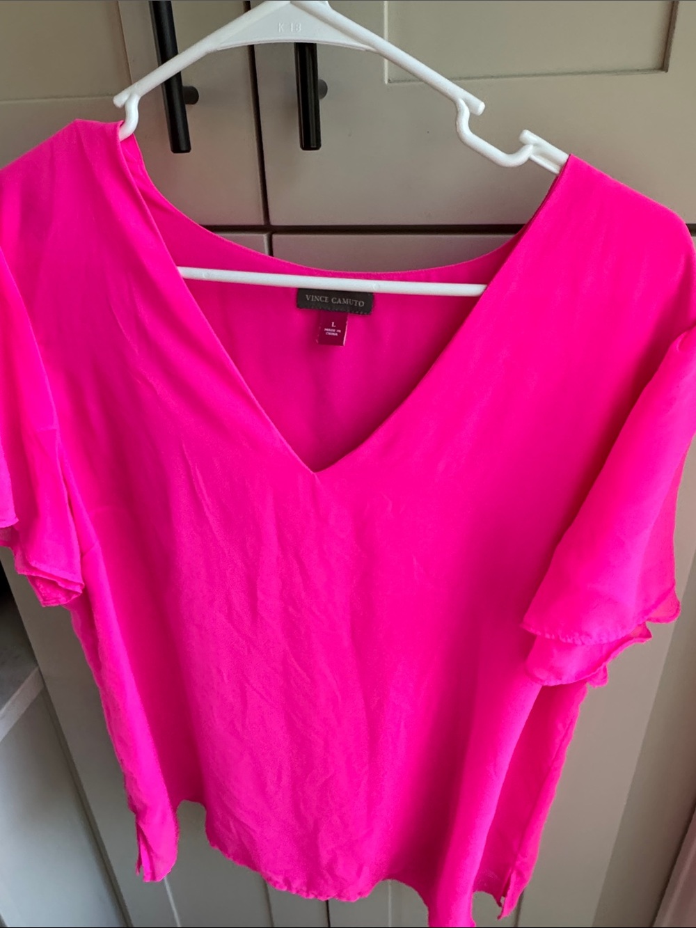 Vince Camuto Bright Pink V-Neck Flutter Sleeve Blouse